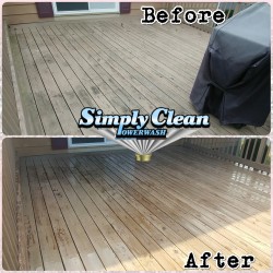 BEFORE AND AFTER PRESSURE TREATED WOOD DECK WITH LOOSE PEELING STAIN, WASHED TO REMOVE MOLD AND DIRT